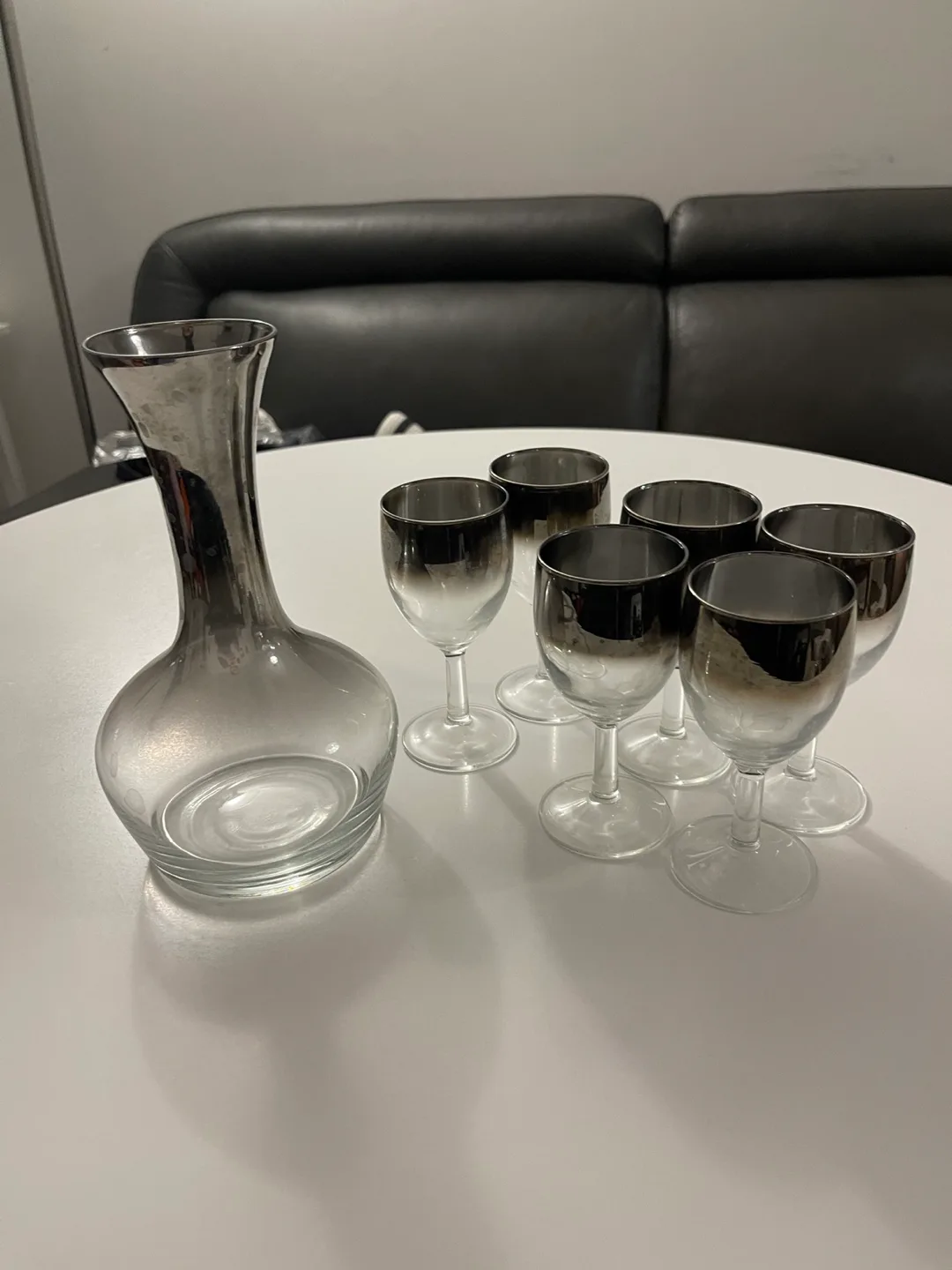 Vintage Silver-Toned Glass Decanter & Six Wine Glasses thumbnail