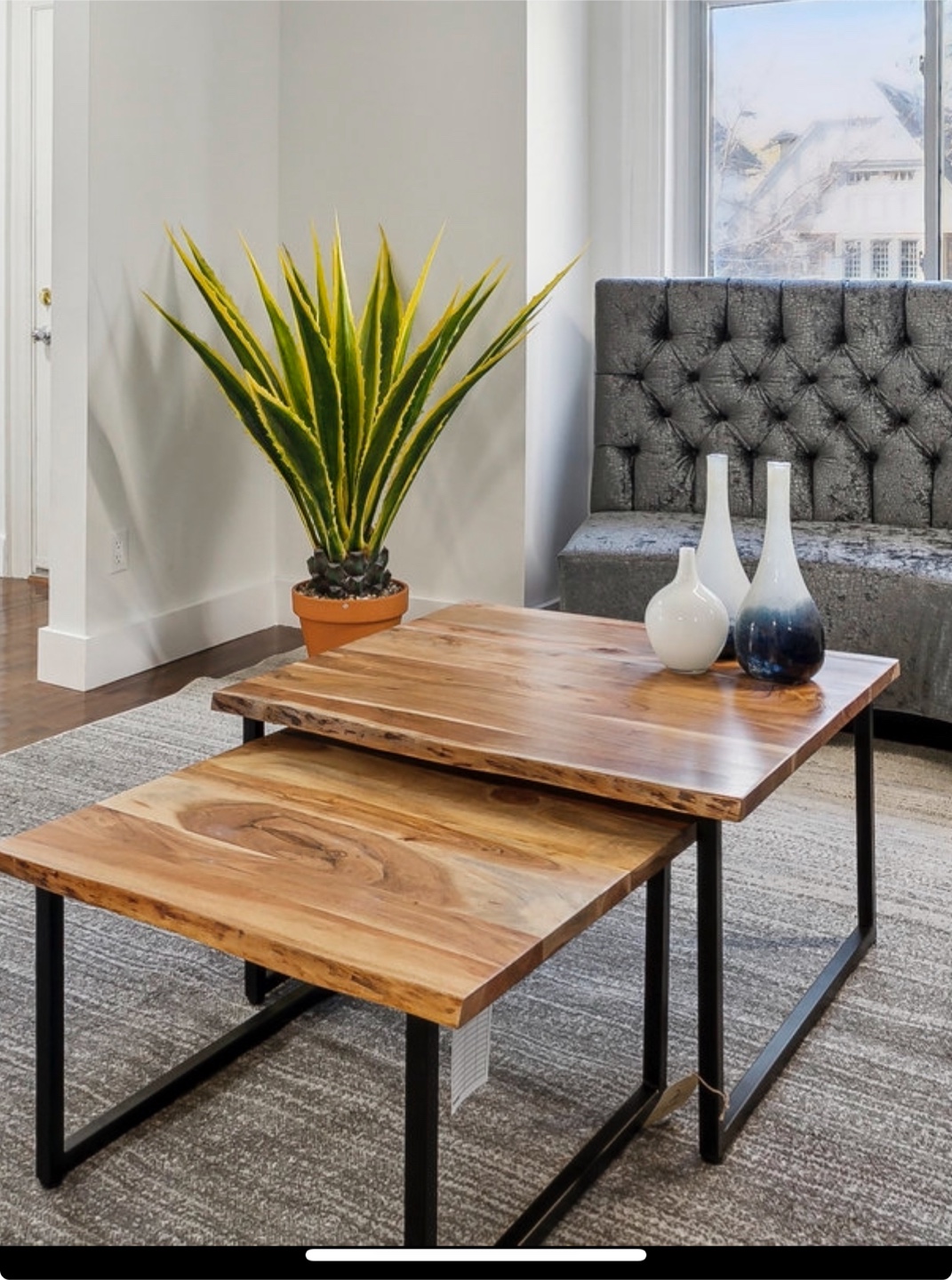Nested Coffee Table Set - Live Edge Wood Top & Black Metal Frame