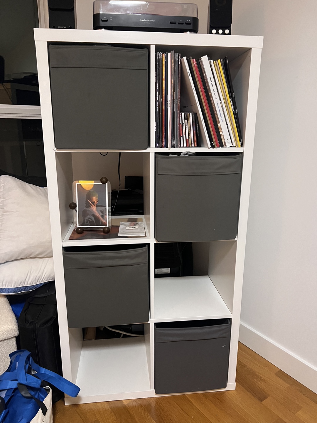 IKEA KALLAX - White with 4 Grey Storage Boxes