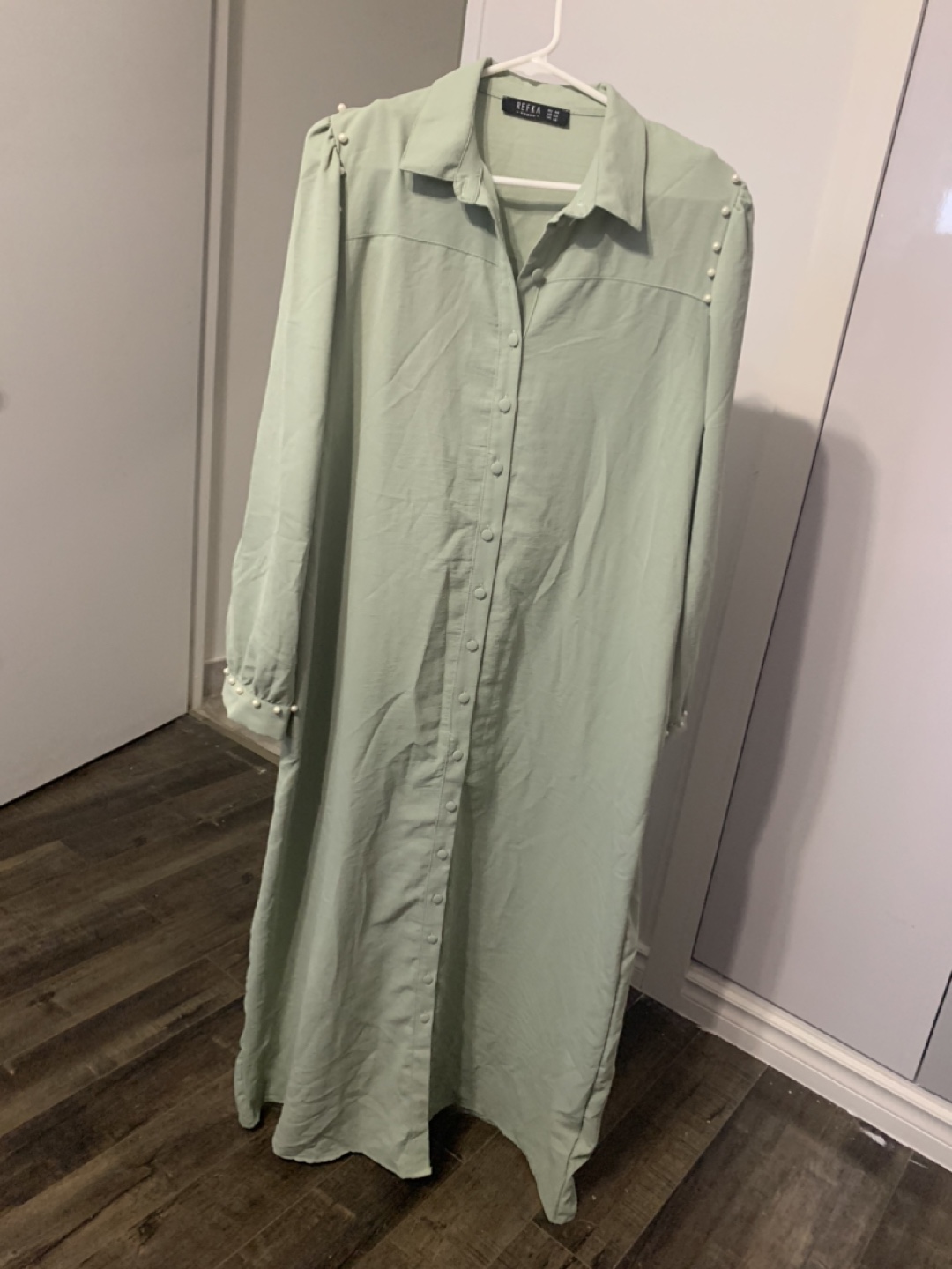 Elegant Sage Green Pearl-Embellished Maxi Dress
