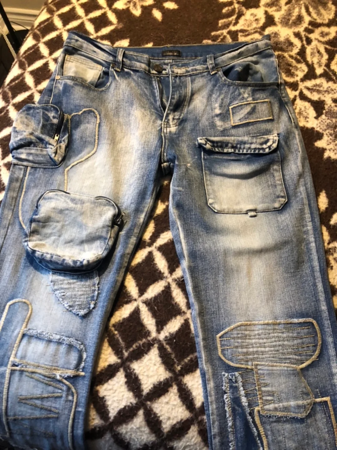 Unique Distressed Denim Jeans with Patches and Pockets thumbnail