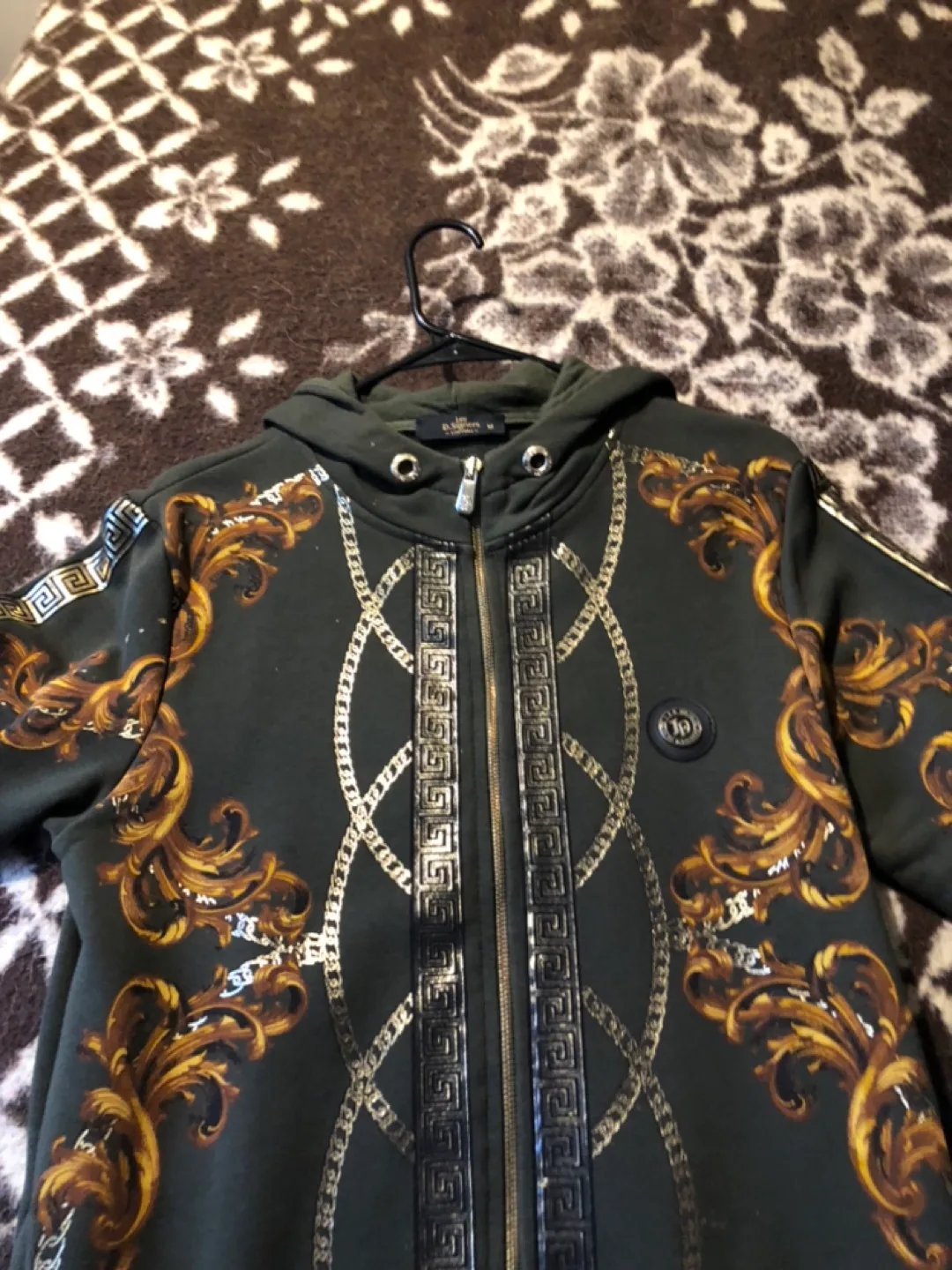 Men's Olive Green Baroque Print Zip-Up Hoodie thumbnail