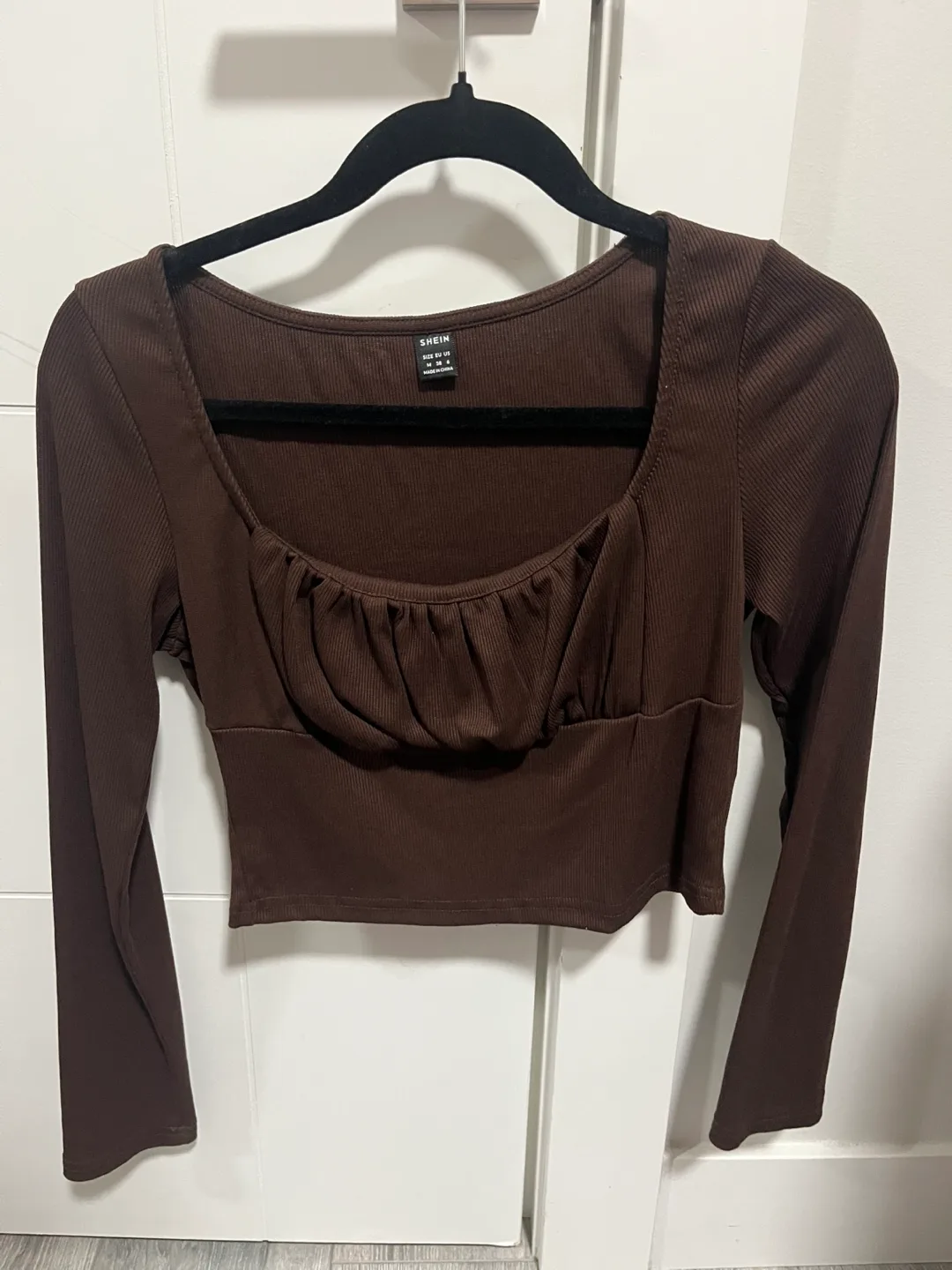 SHEIN Brown Ribbed Square Neck Long Sleeve Crop Top thumbnail
