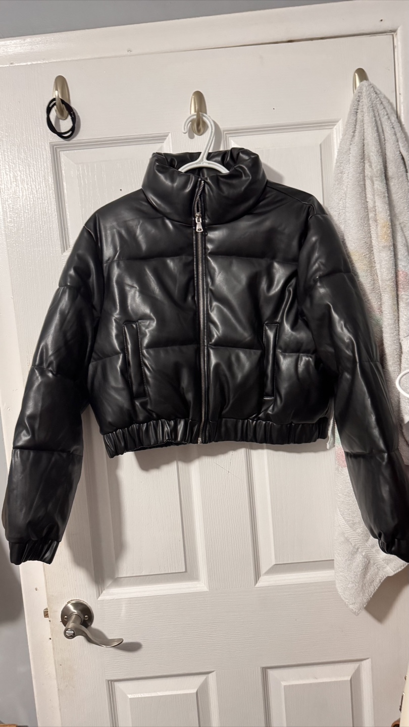 Black Faux Leather Puffer Jacket
