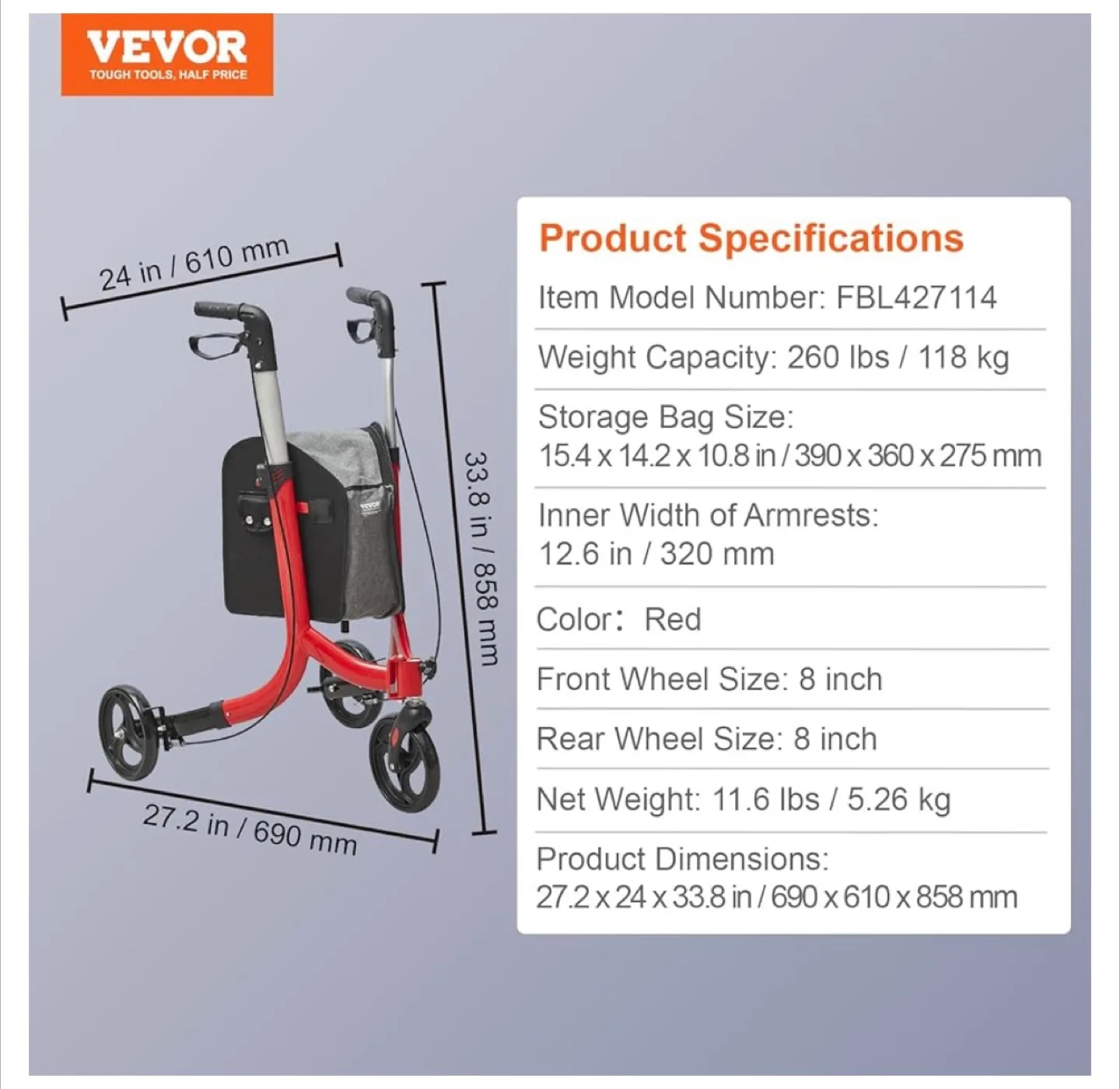 VEVOR 3-Wheel Rollator Walker. Lightweight, Foldable. New! image indicator(9)
