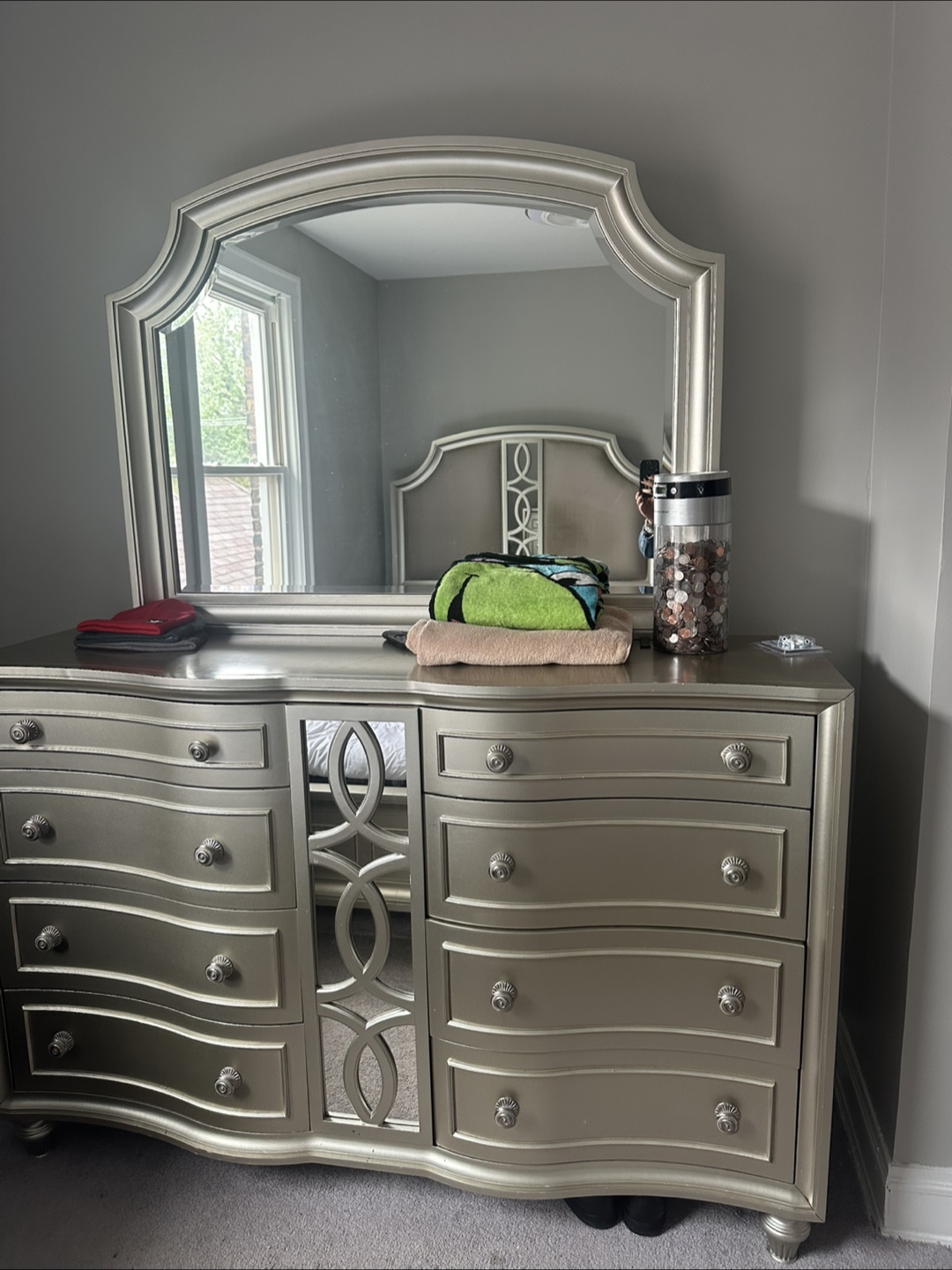 Elegant Silver Dresser and Mirror Set