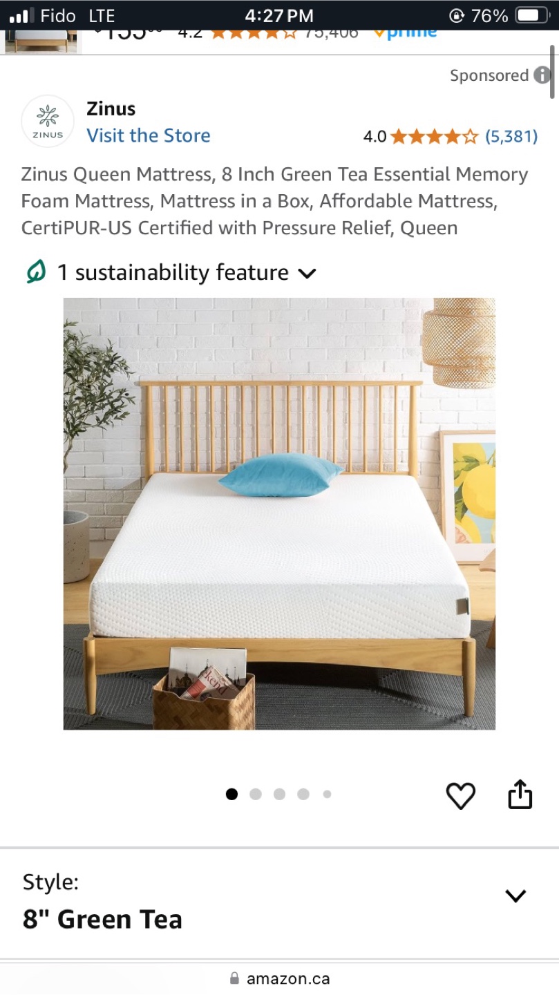 Zinus Queen Mattress - 8" Green Tea Memory Foam