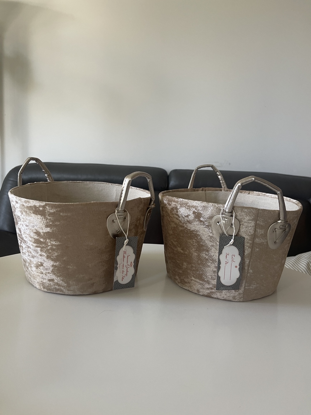 Set of Two Beige Velvet Storage Baskets