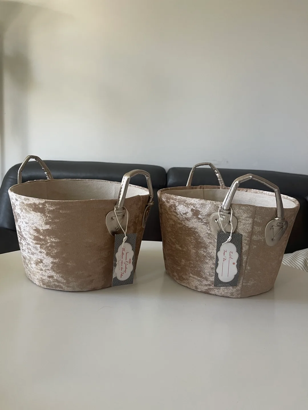 Set of Two Beige Velvet Storage Baskets thumbnail