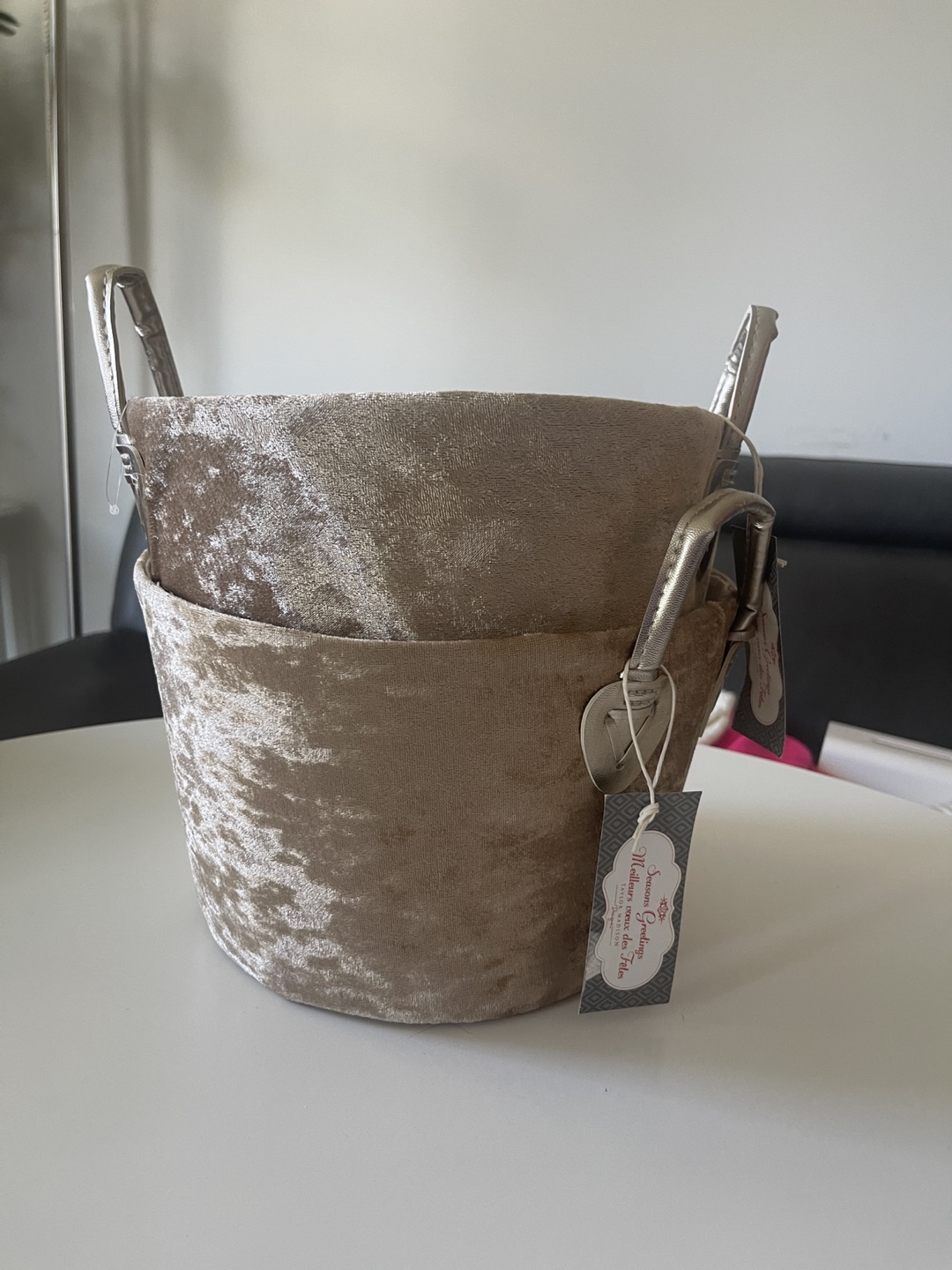 Set of Two Beige Velvet Storage Baskets - photo 4