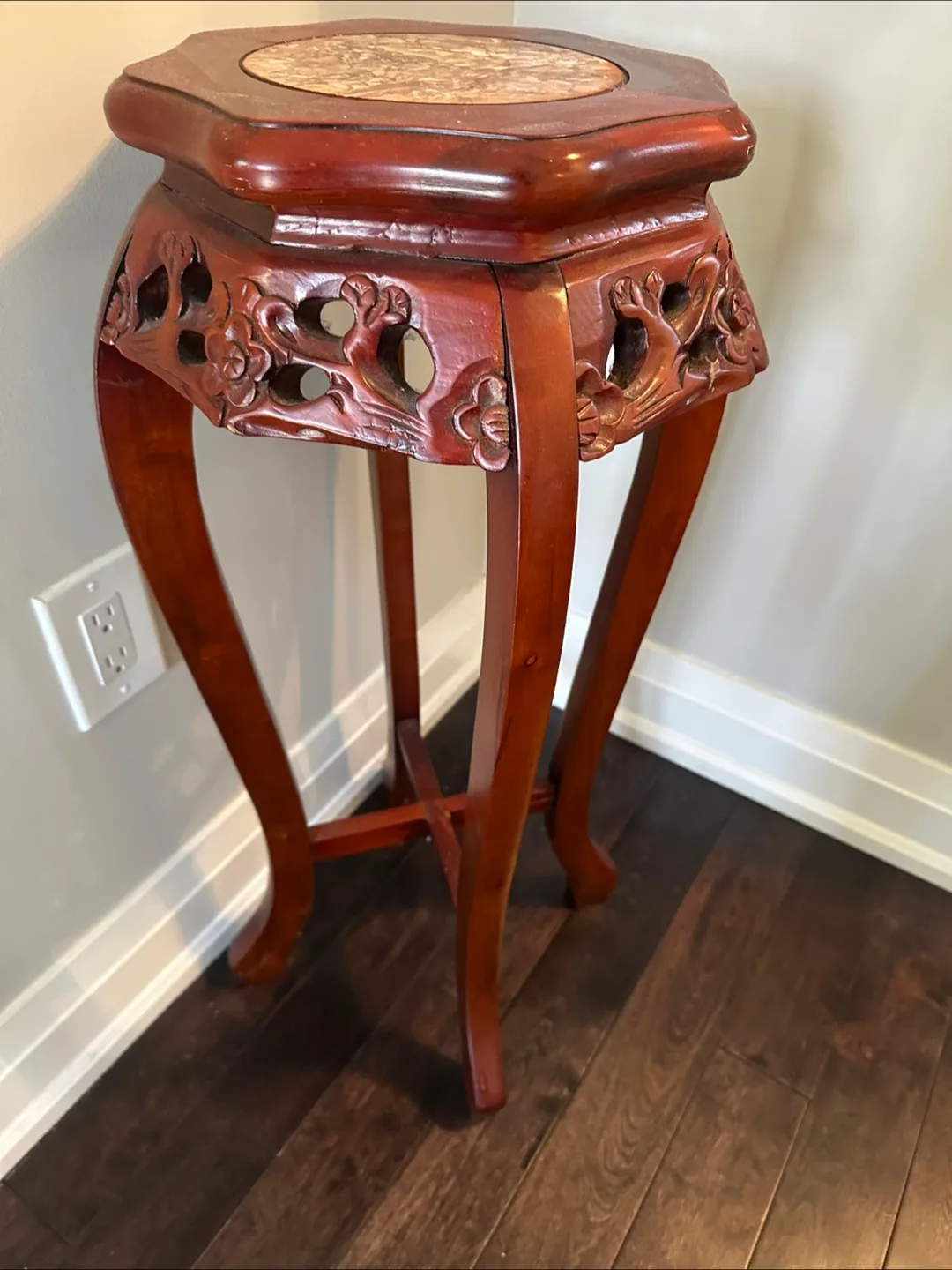 Vintage Carved Wooden Plant Stand with Marble Top thumbnail