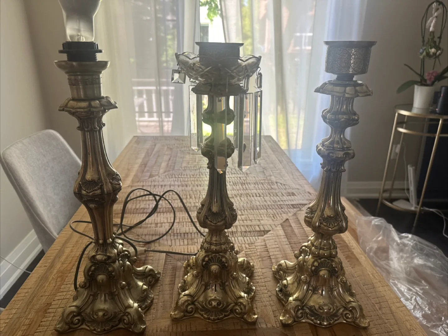 Set of Three Ornate Antique Candlestick Lamps thumbnail
