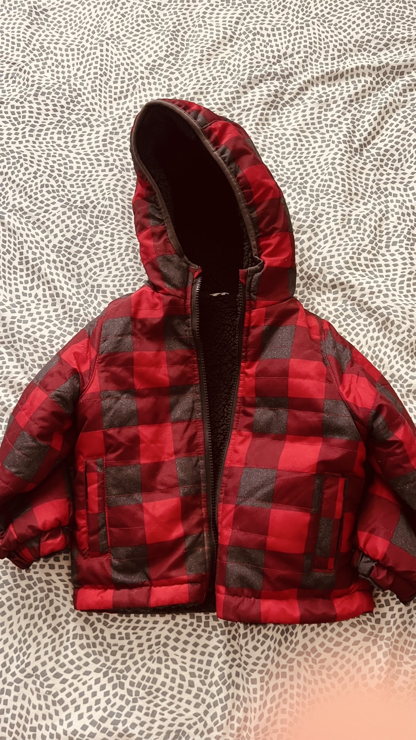 Toddler Boy's Red & Black Plaid Puffer Jacket with Sherpa Lining
