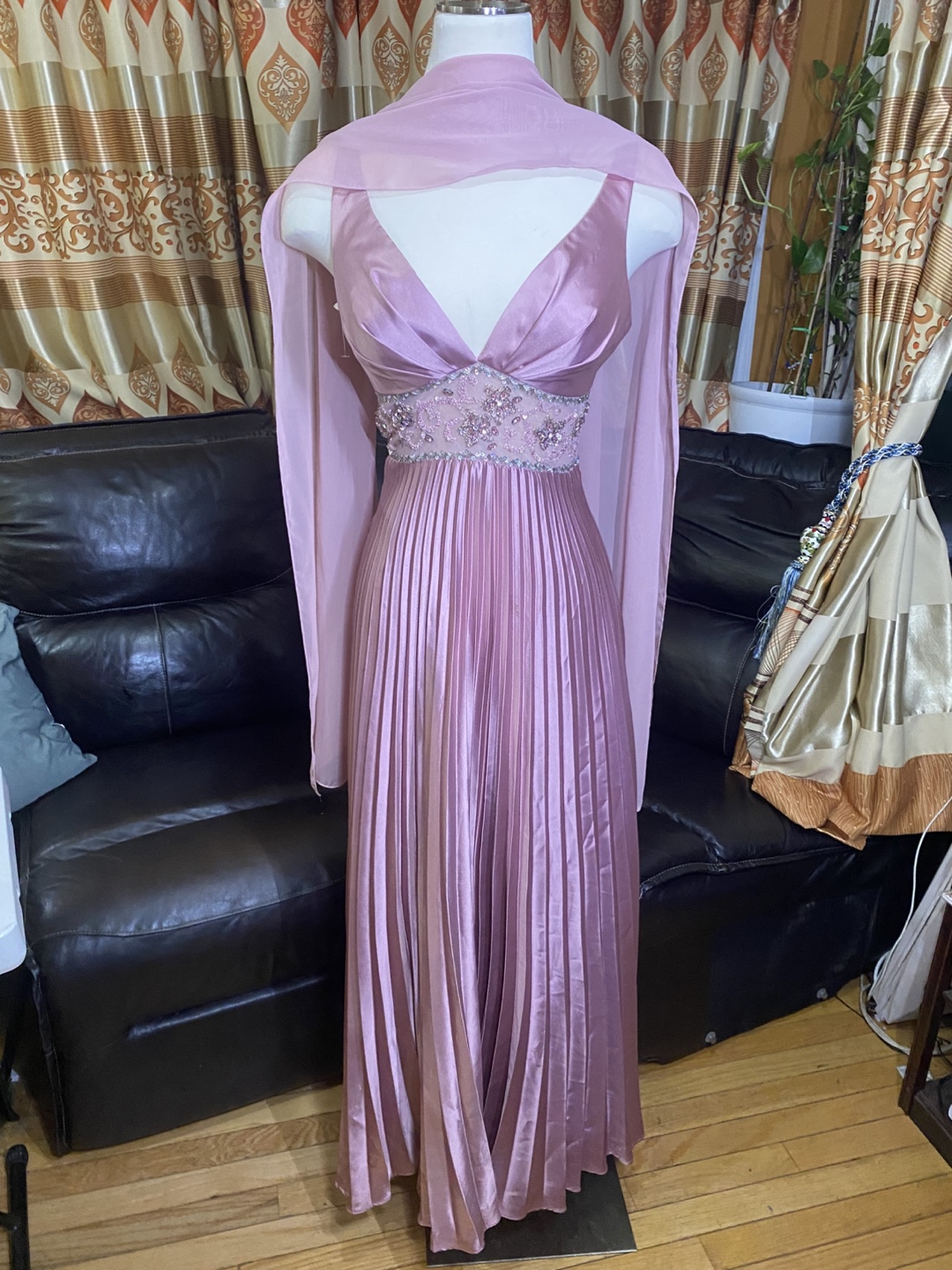 Pink Lilac Prom Dress with Rhinestone Detail and Scarf