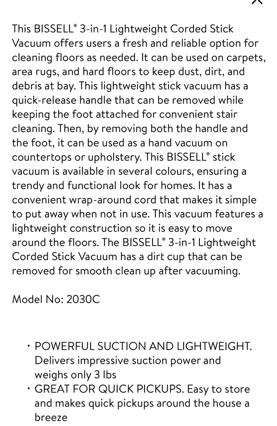 Bissell 3-in-1 Lightweight Corded Stick Vacuum 2030C image indicator(3)