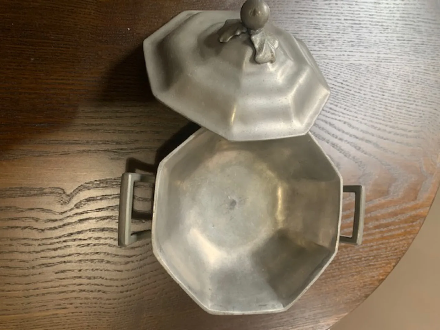 Vintage Pewter Octagonal Covered Dish with Fruit Design thumbnail