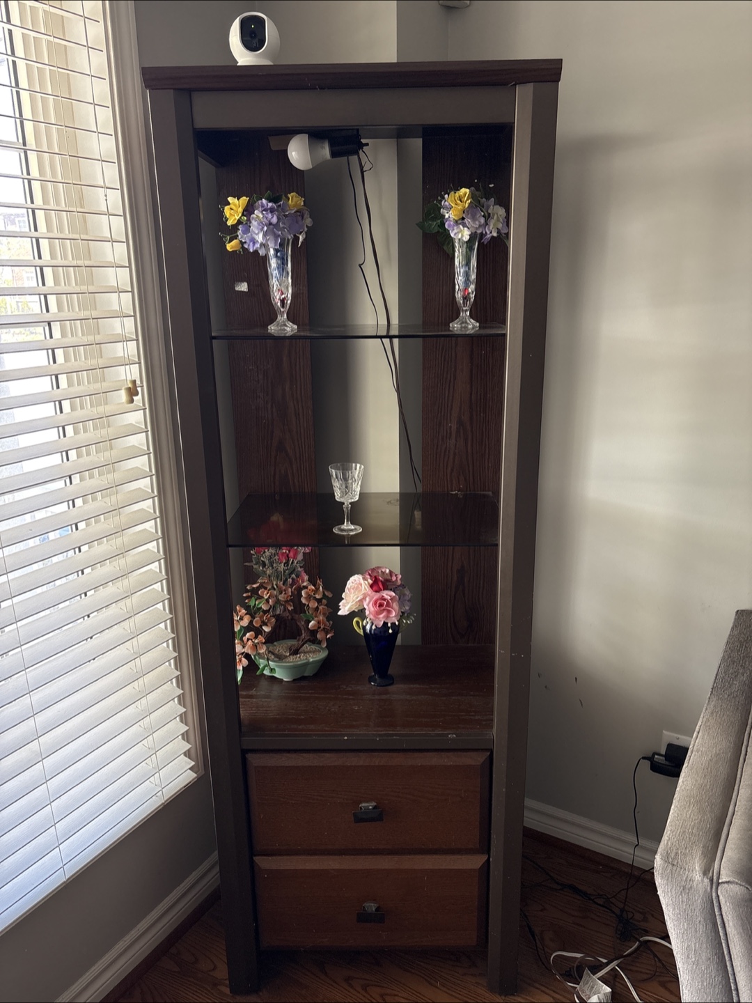 Dark Brown Wooden Display Cabinet with Glass Shelves and Drawers