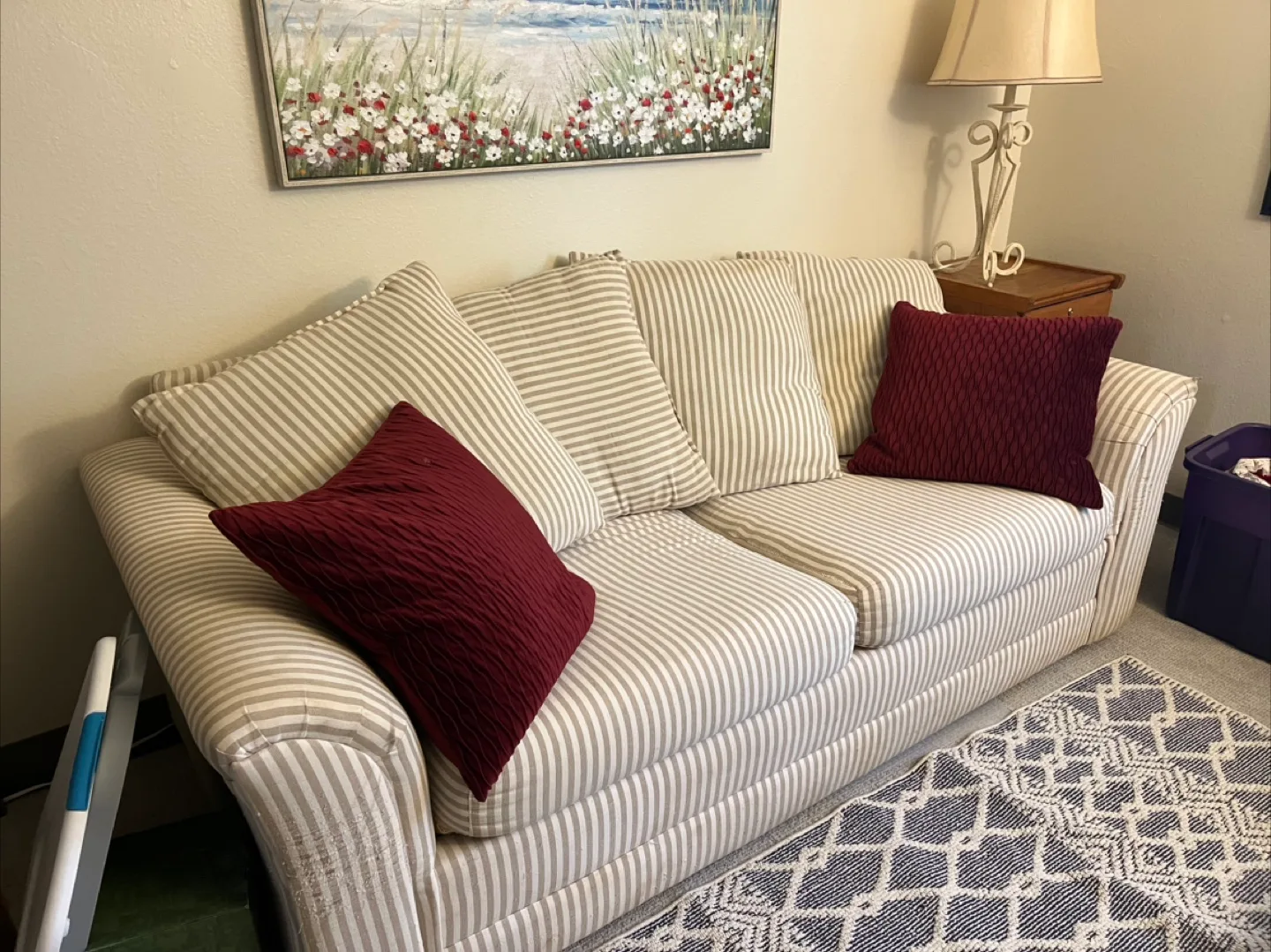 Beige and White Striped Sofa thumbnail