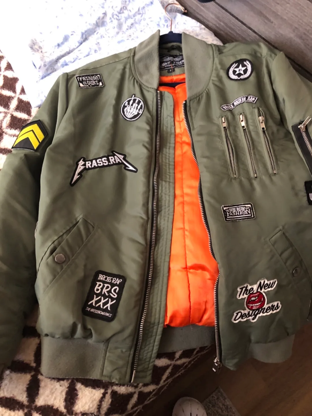 Men's olive green bomber jacket with patches thumbnail