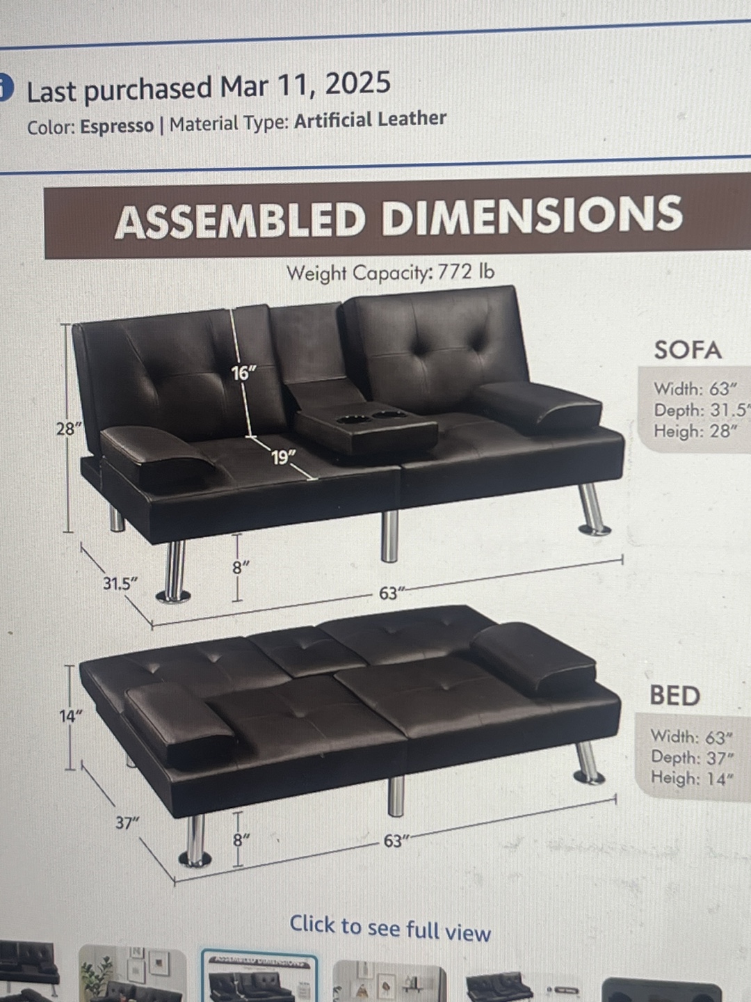 Faux leather adjustable couch sofa bed