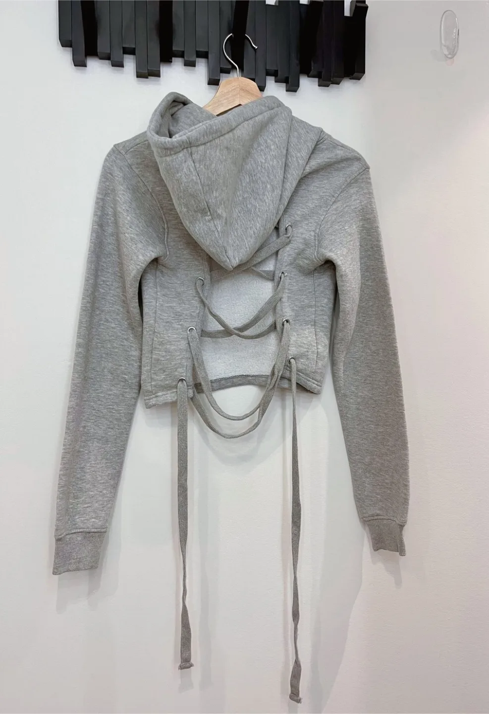 Grey Cropped Hoodie with Lace-Up Back thumbnail
