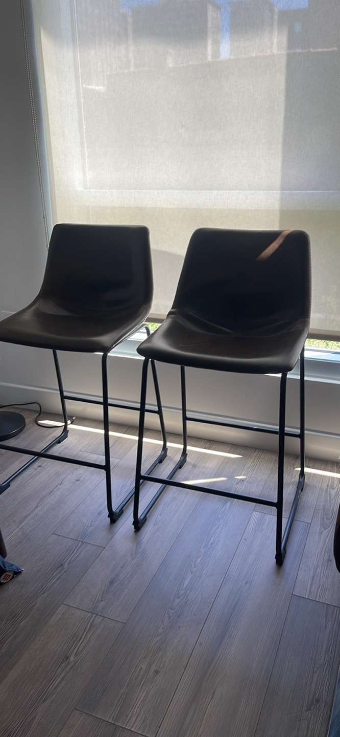 Set of Two Brown Leather Counter Stools