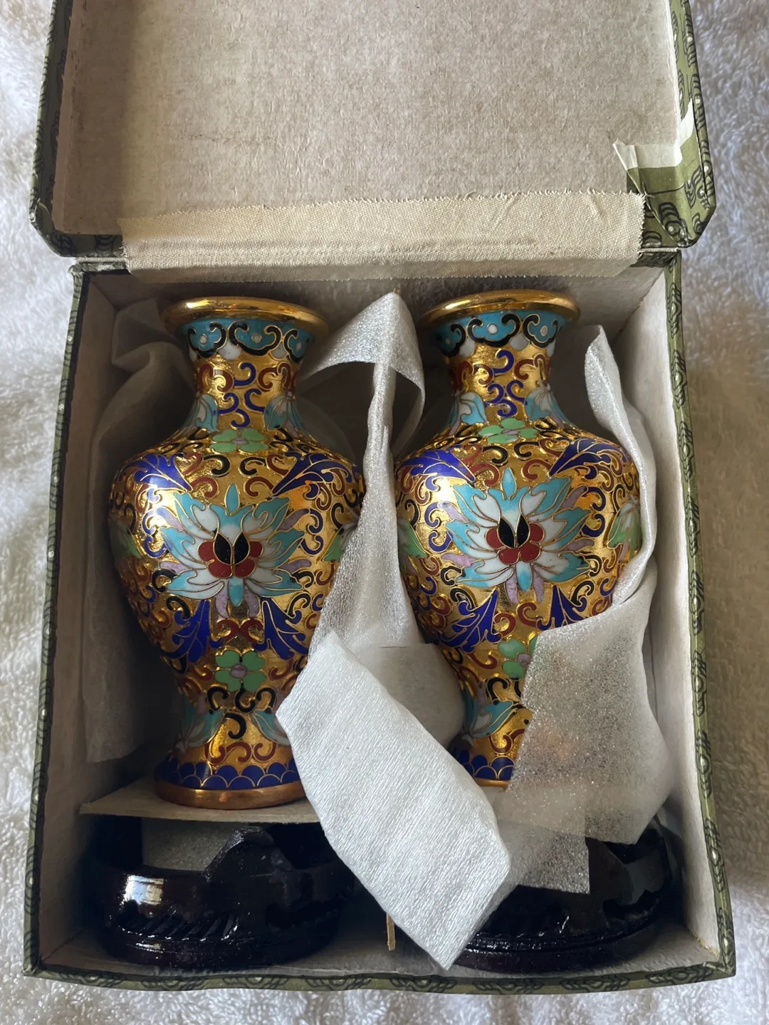 Pair of Vintage Cloisonné Vases with Stands thumbnail