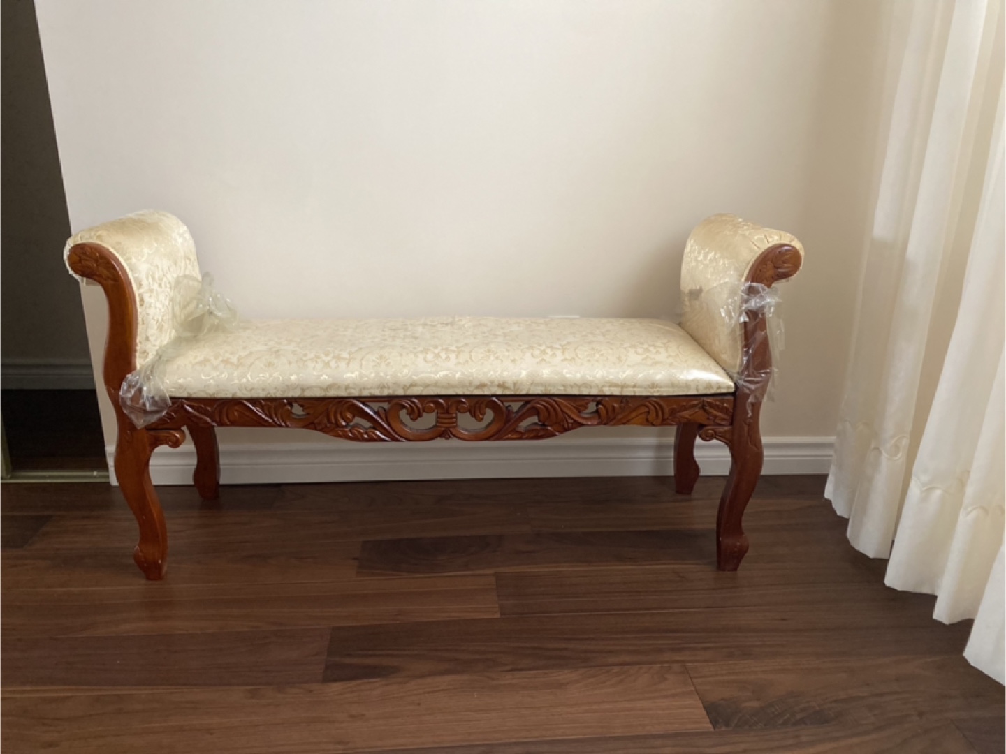 Ornate Wooden Bench with Upholstered Seat - photo 2