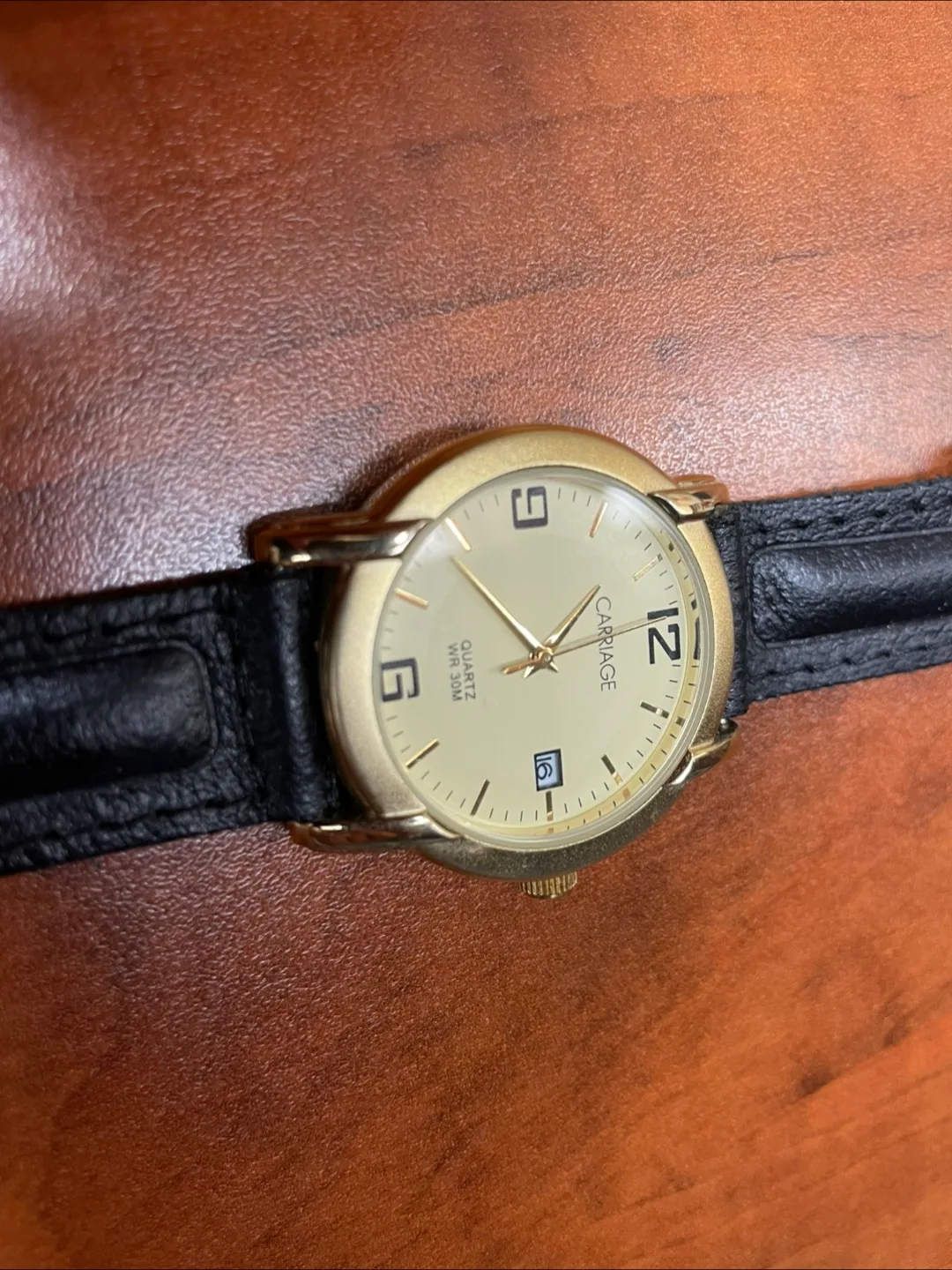 Carriage Gold Tone Quartz Watch with Black Leather Band thumbnail