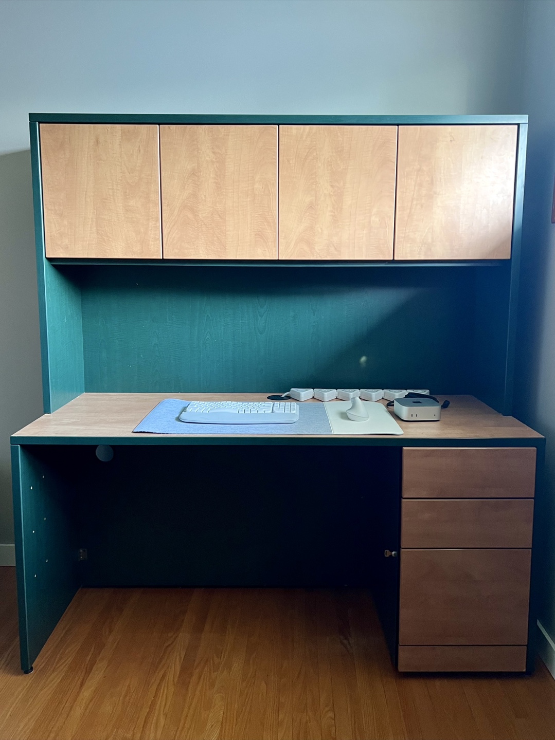 Dark Green Desk with Hutch and Filing Cabinet