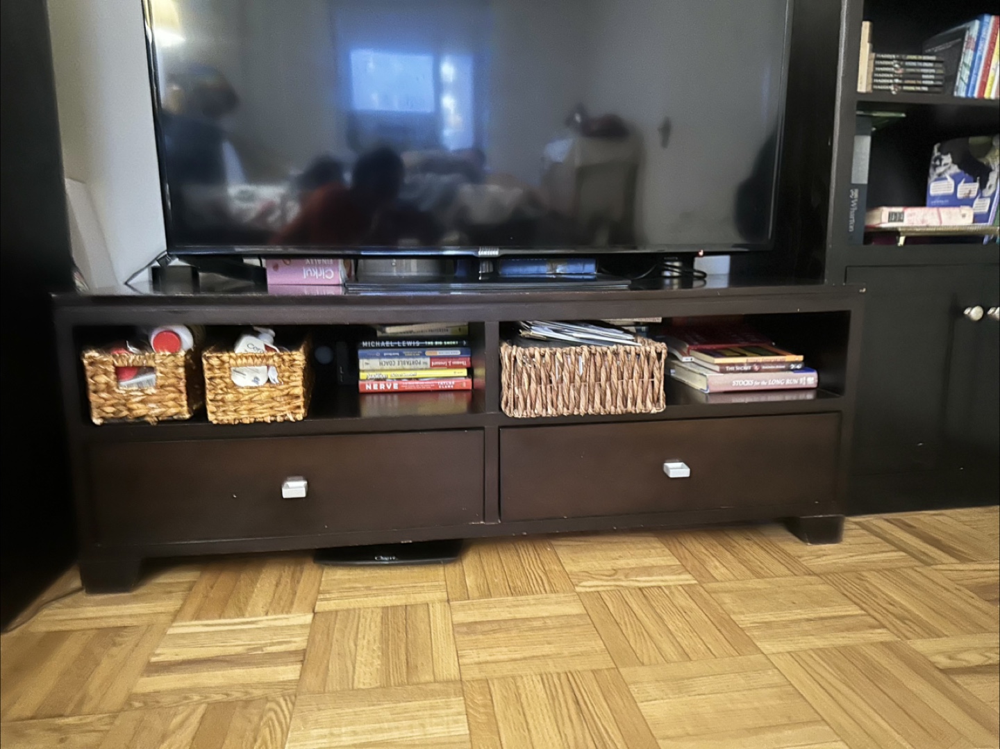 Crate and Barrel Dark Brown Wood TV Stand with Two Drawers