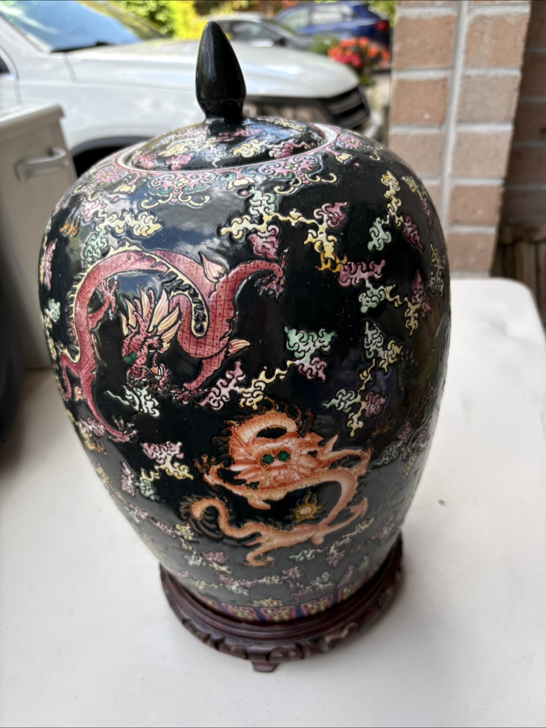 Vintage Chinese Porcelain Dragon Jar with Lid and Stand - photo 2