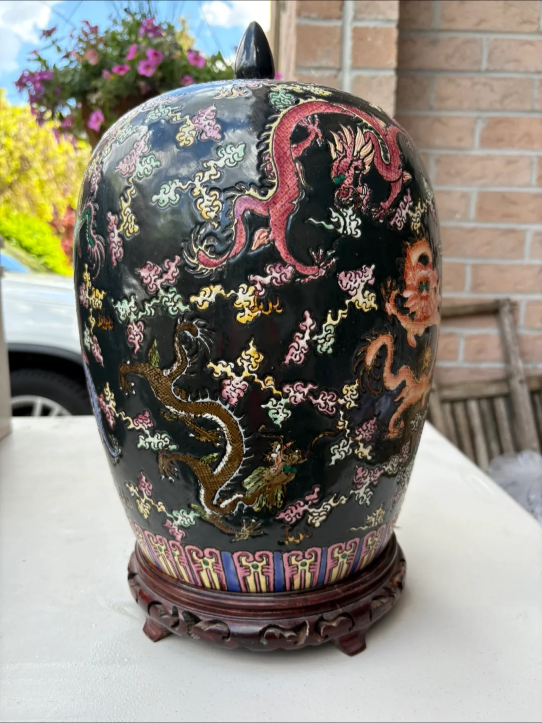 Vintage Chinese Porcelain Dragon Jar with Lid and Stand thumbnail