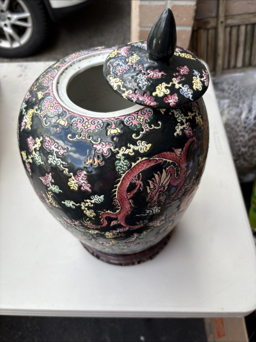 Vintage Chinese Porcelain Dragon Jar with Lid and Stand - photo 3