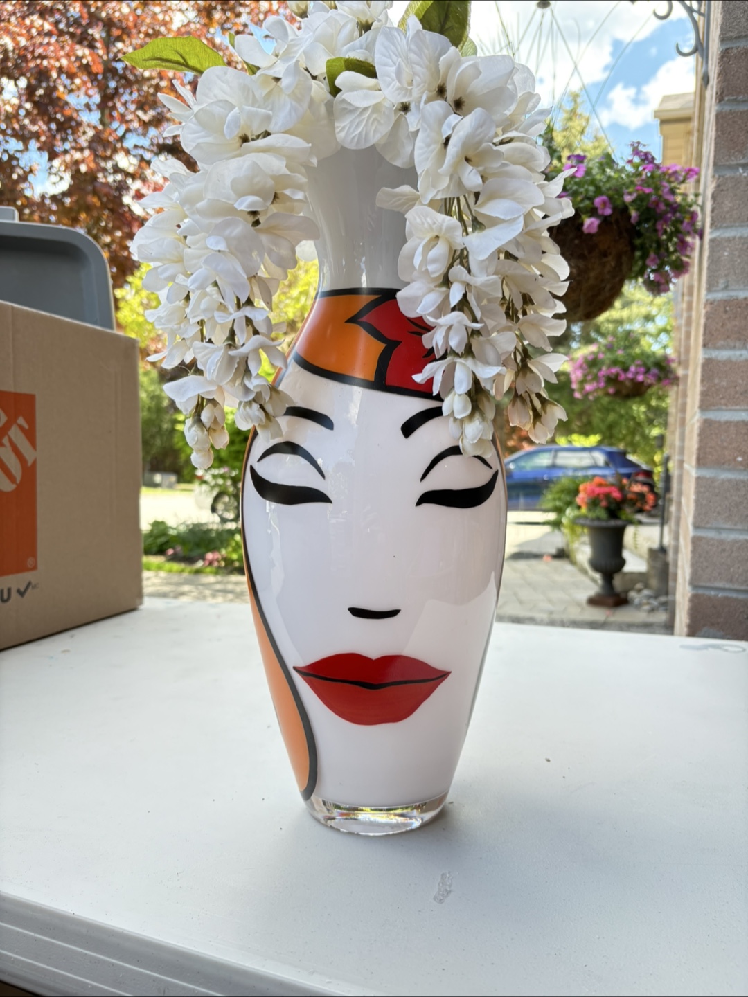 Unique Face Vase with White Flowers