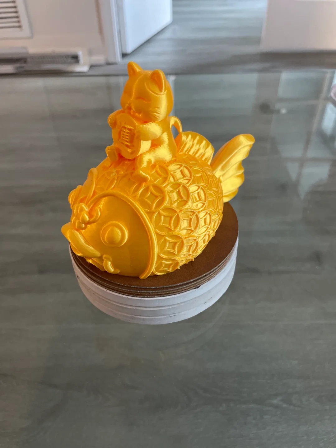 Gold Maneki-Neko Cat on Koi Fish Figurine thumbnail