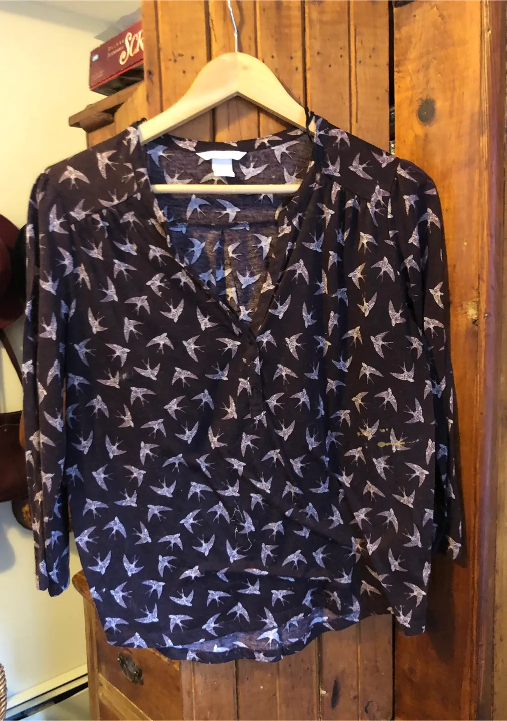 Women's Dark Blouse with Bird Print thumbnail