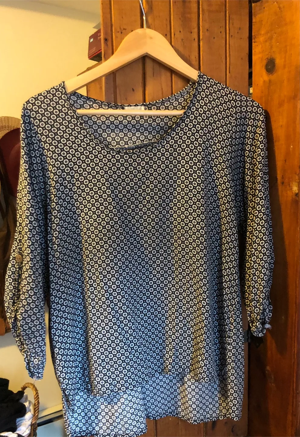 Women's Dark Blue and White Patterned 3/4 Sleeve Blouse thumbnail