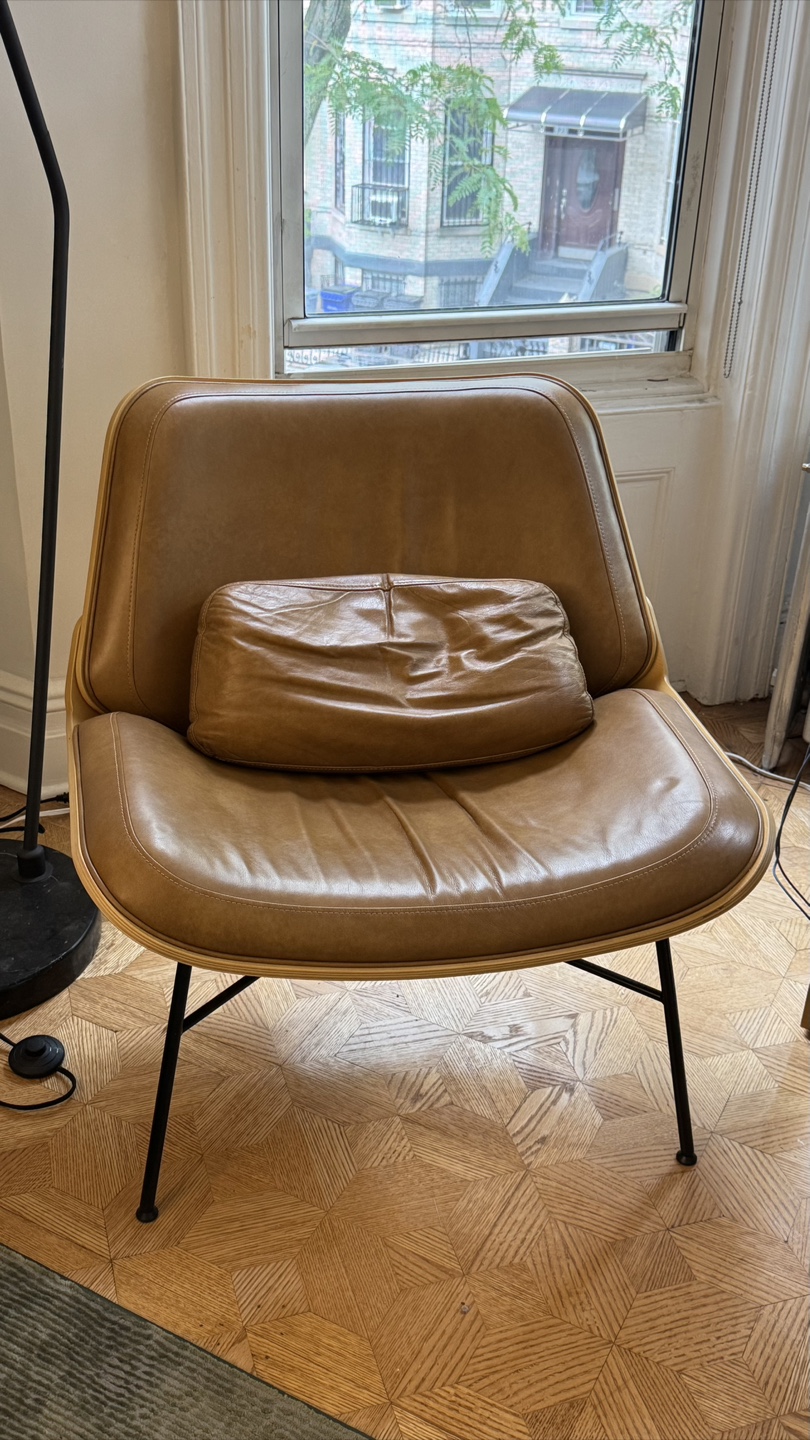 Burrow Vesper Leather & Wood Lounge Chair Camel/Oak + pillow