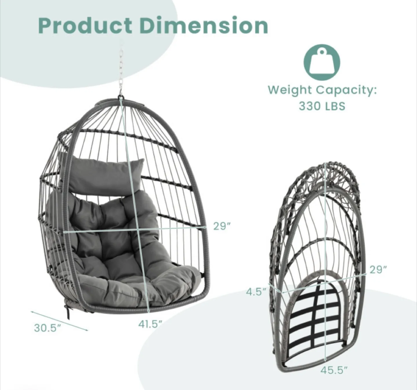 Grey Hanging Egg Chair with Cushions thumbnail