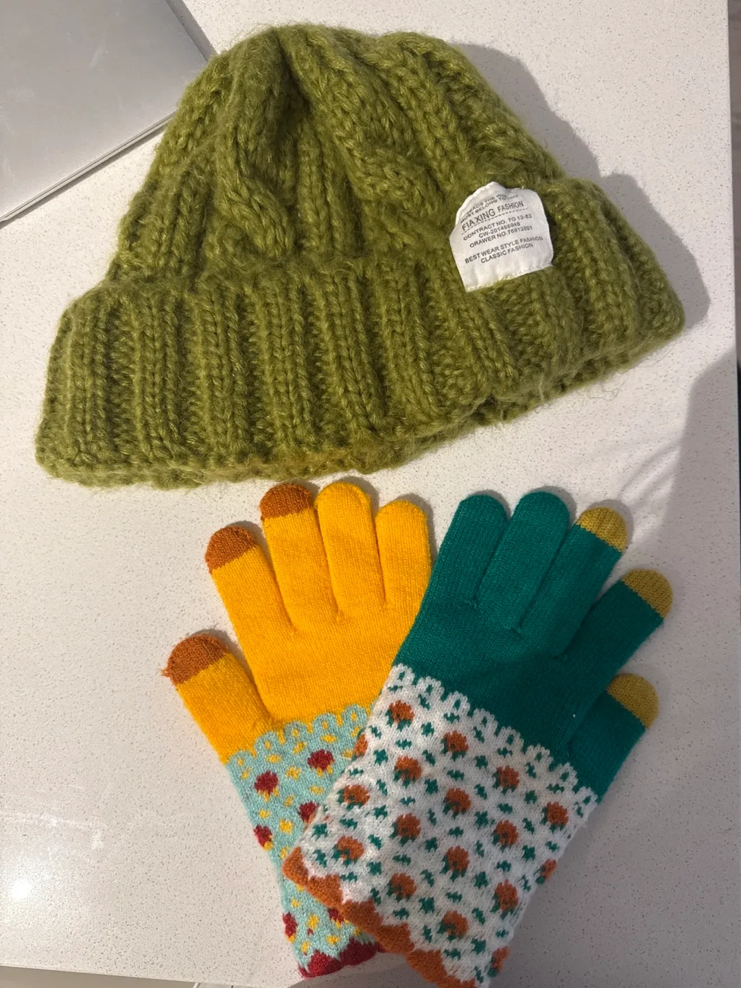 Olive Green Cable Knit Beanie and Floral Pattern Gloves thumbnail