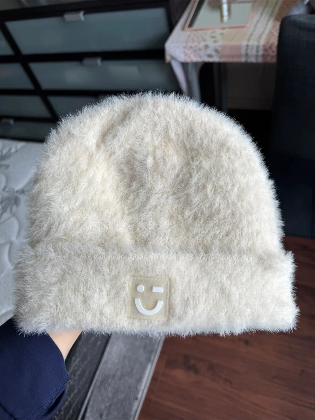 Fluffy White Smiley Face Hat thumbnail