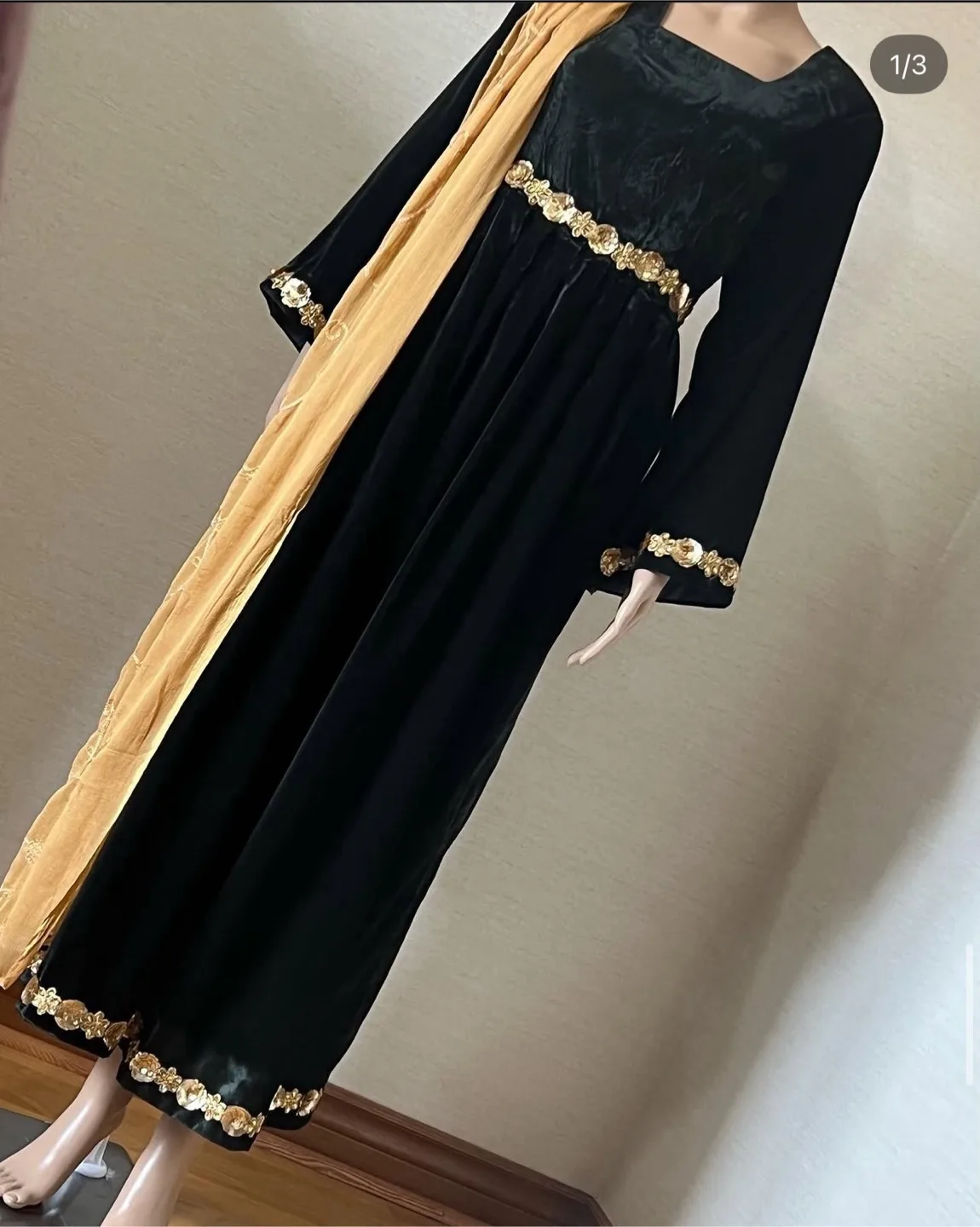 Elegant Black Velvet Abaya with Mustard Shawl thumbnail