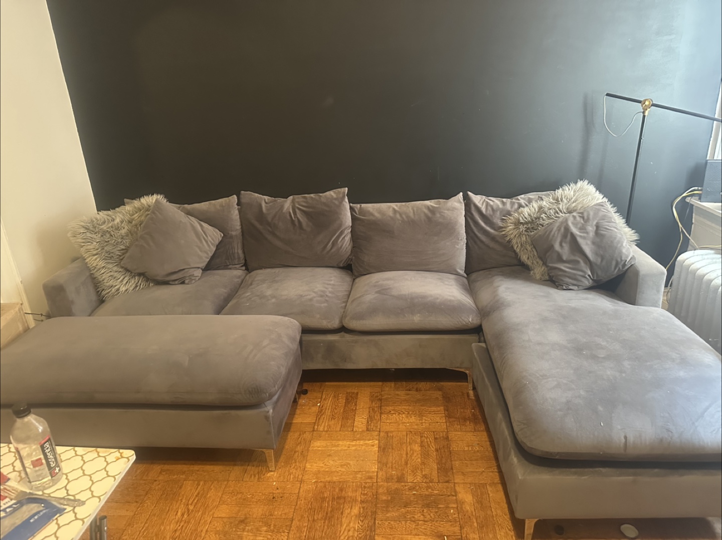 Gray Velvet Sectional Sofa with Ottoman - photo 2