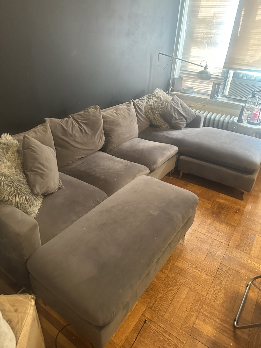 Gray Velvet Sectional Sofa with Ottoman