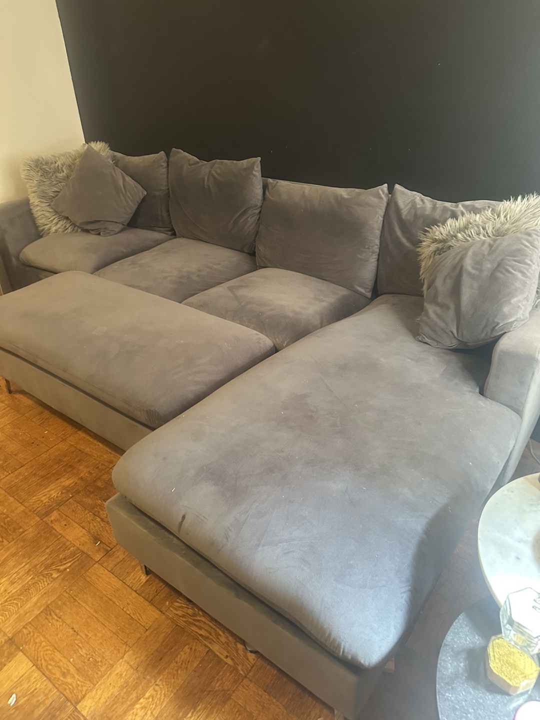 Gray Velvet Sectional Sofa with Ottoman - photo 4