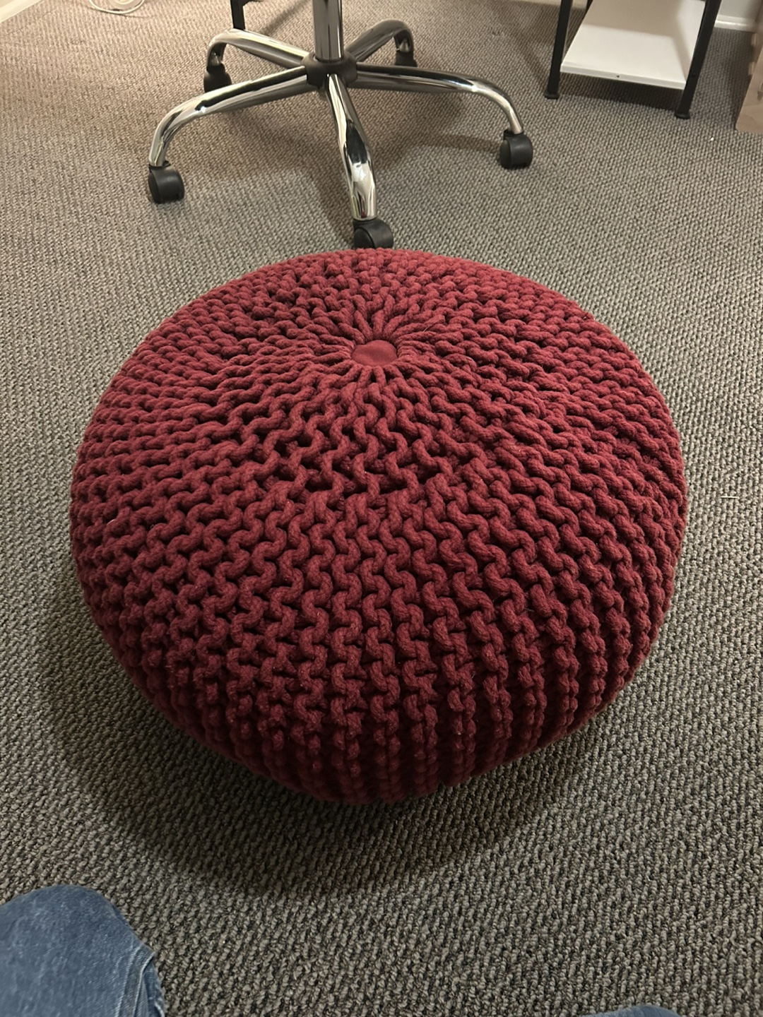 Chunky Knit Round Pouf Ottoman - Burgundy