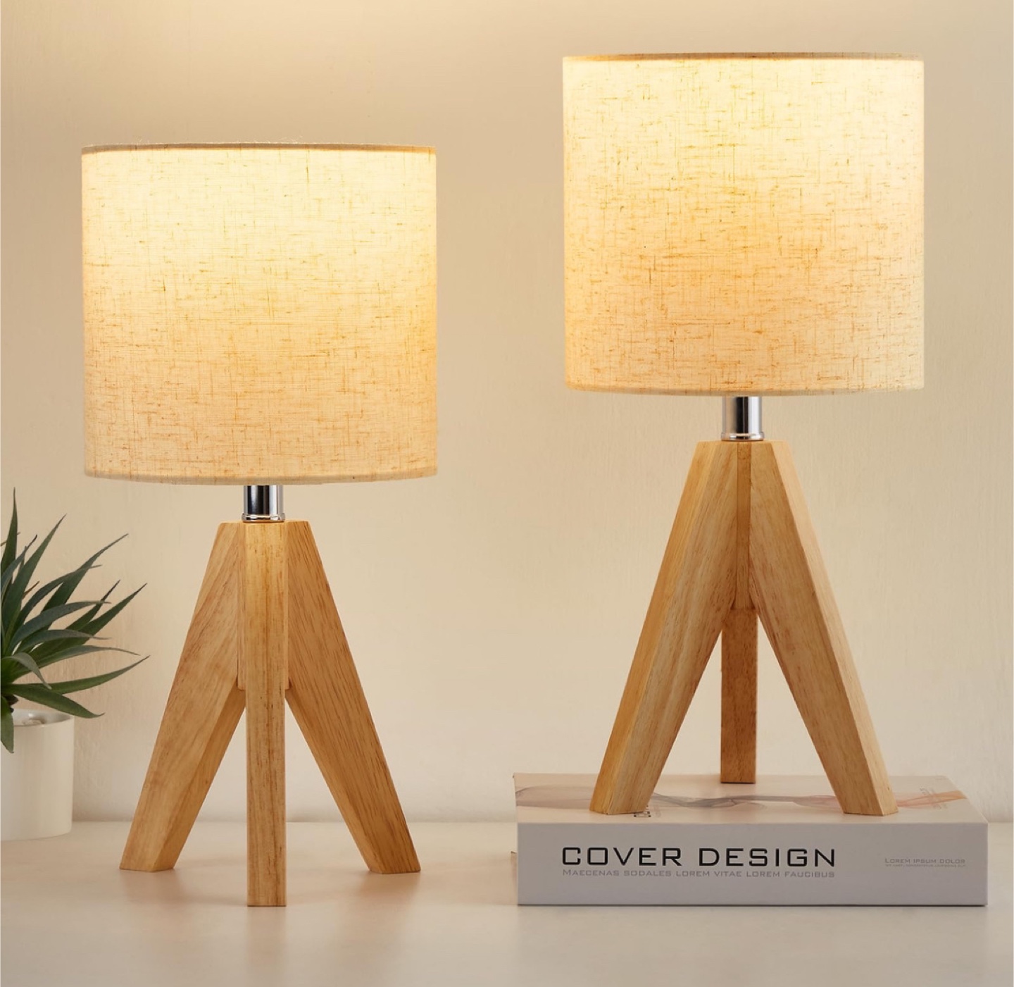 Wooden Tripod Table Lamps with Fabric Shade;2 Per Pack