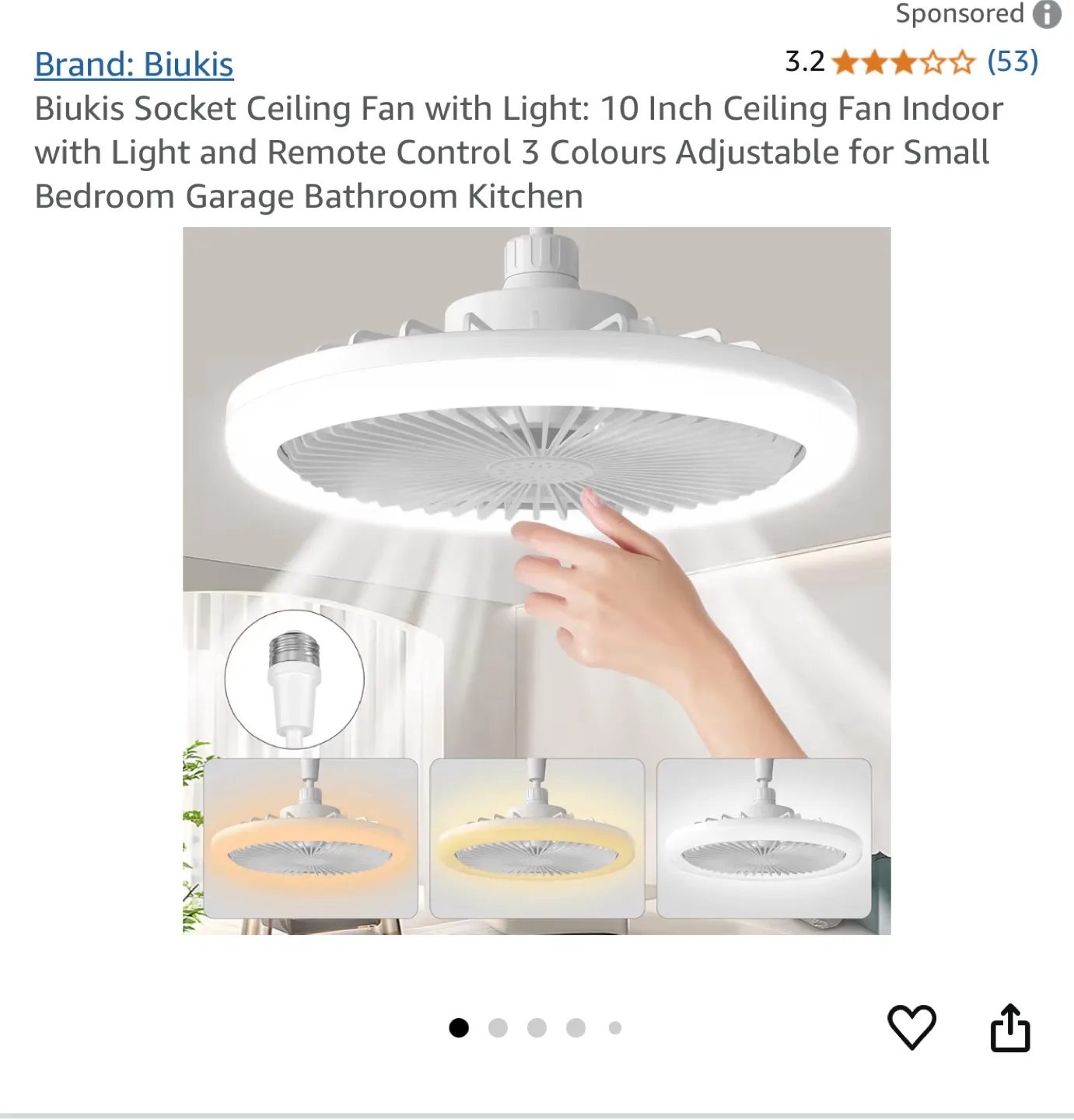 Biukis 10-inch Ceiling Fan with Light and Remote thumbnail