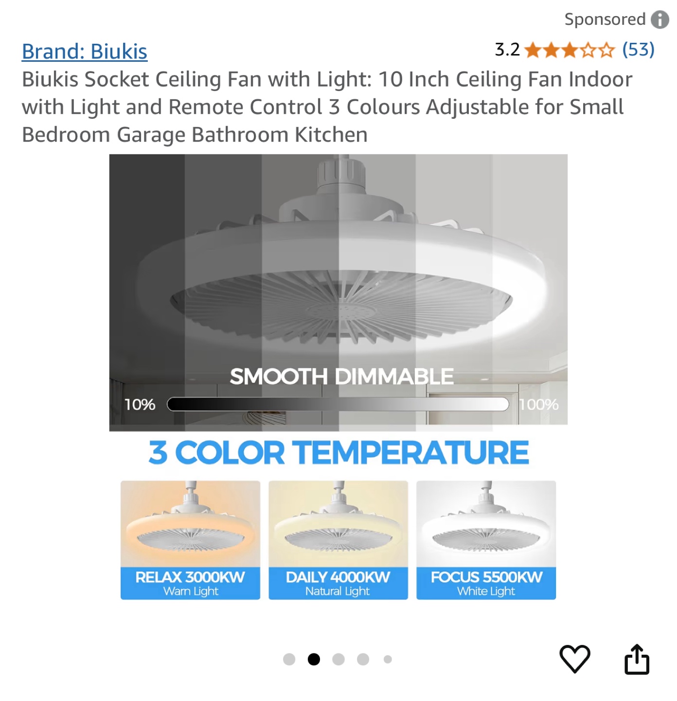 Biukis 10-inch Ceiling Fan with Light and Remote - photo 2
